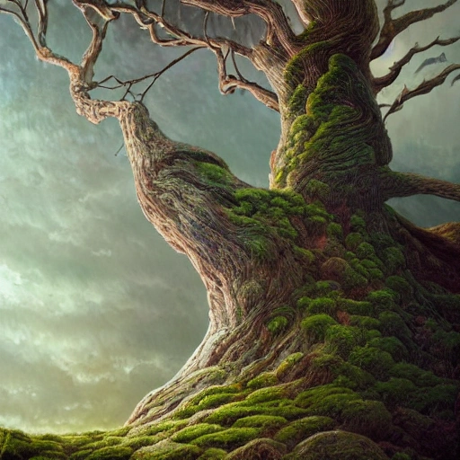 Illustration of a surreal, otherworldly scene featuring a giant, detailed and intricate tree with beautiful lighting and realistic proportions, as if it were a cinematic background, by popular artists Jeremy Geddes and Zara Gonzalez Hoang, 4k, clean, realistic face, realistic eyes, highest quality, realistic hands, trending on artstation, masterpiece