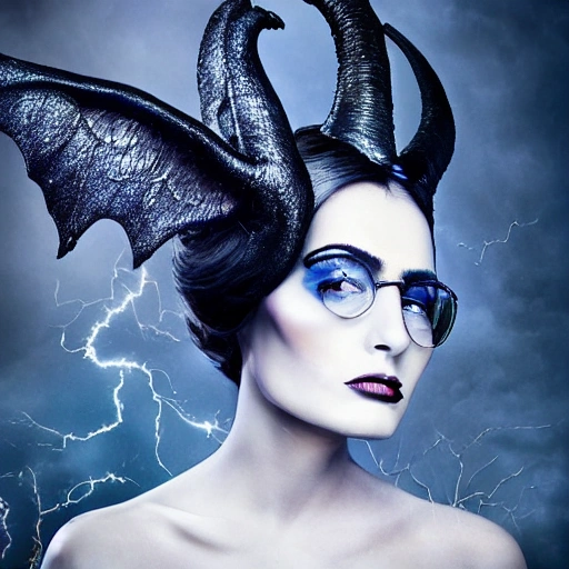 a stunning interpretation of a glamour portrait of young John lennon looking like a witchy supermodel Maleficent, in the style of Marcin Nagreba and Tim Flach, wearing haute coture clothing, magic-based jewellery and lightning fascinator, outside a magical faraway tree as background, royal blue and cyan tones and dramatic light, no text, sharp focus, editorial portrait