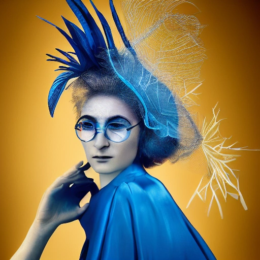 a stunning interpretation of a glamour portrait of young John lennon, in the style of Marcin Nagreba and Tim Flach, wearing haute coture clothing, magic-based jewellery and lightning fascinator, outside a magical faraway tree as background, royal blue and cyan tones and dramatic light, no text, sharp focus, editorial portrait