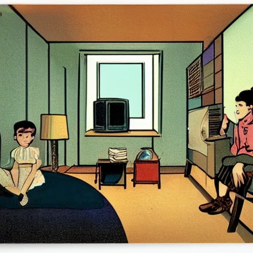 boy and girl relax in small bedroom apartment clutter no windows big tv , 50's illustration , cyberpunk , lofi color , drawing by rembrandt 