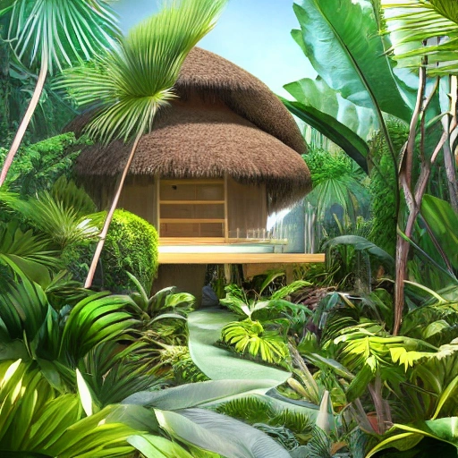 Digital illustration, luxury hut bungalow, surrounded by precious tropical garden with some exotic plants, palm trees, orchids, and many small buterflies, low grass sunlight filtering through the canopy creating a dappled effect In the style of Yoshitaka Amano and Hayao Miyazaki, masterpiece, proportional, detailed, trending on artstation, beautiful lighting, realistic, intricate, award winning, 8k, highest quality, 35mm