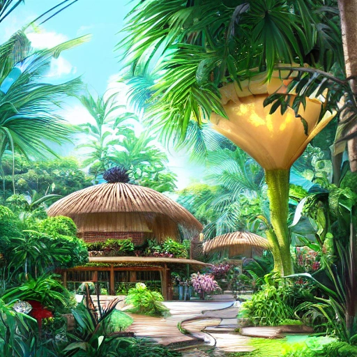 Digital illustration, luxury hut bungalow, surrounded by precious tropical garden with some exotic plants, palm trees, orchids, and many small buterflies, low grass sunlight filtering through the canopy creating a dappled effect In the style of Yoshitaka Amano and Hayao Miyazaki, masterpiece, proportional, detailed, trending on artstation, beautiful lighting, realistic, intricate, award winning, 8k, highest, Pencil Sketch