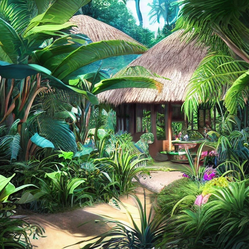 Digital illustration, luxury hut bungalow, surrounded by precious tropical garden with some exotic plants, palm trees, orchids, and many small buterflies, low grass sunlight filtering through the canopy creating a dappled effect In the style of Yoshitaka Amano and Hayao Miyazaki, masterpiece, proportional, detailed, trending on artstation, beautiful lighting, realistic, intricate, award winning, 8k, highest, charcoal Pencil Sketch