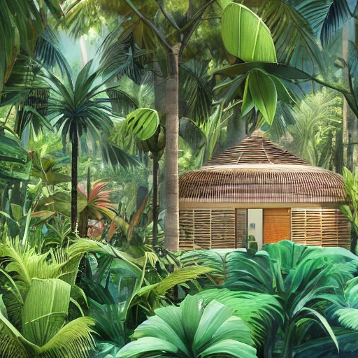 Digital illustration, luxury hut bungalow surrounded by tropical garden with some exotic plants, palm trees, orchideas  and  small buterflies, low grass sunlight filtering through the canopy creating a dappled effect  In the style of Yoshitaka Amano and Hayao Miyazaki, masterpiece, proportional, detailed, trending on artstation, beautiful lighting, realistic, intricate, award winning, 8k, highest quality, , charcoal  Sketch,