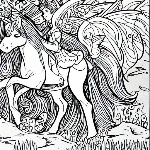 unicorn and fairies coloring, line art



