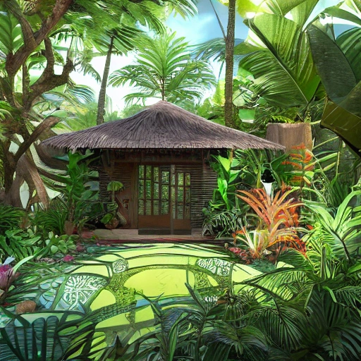  luxury hut bungalow surrounded by tropical garden with some exotic plants, palm trees, orchideas  and  small buterflies, low grass sunlight filtering through the canopy creating a dappled effect  In the style of Yoshitaka Amano and Hayao Miyazaki, masterpiece, proportional, detailed, trending on artstation, beautiful lighting, realistic, intricate, award winning, 8k, highest quality, , charcoal  Sketch, black and white