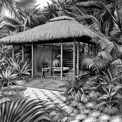 luxury hut bungalow surrounded by tropical garden with some exotic plants  and  small buterflies, low grass sunlight filtering through the canopy creating a dappled effect, proportional, detailed, trending on artstation, beautiful lighting,  intricate, award winning, 4k, highest quality, charcoal sketch,