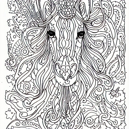 coloring book , unicorn and fairies, line art, madala, page
