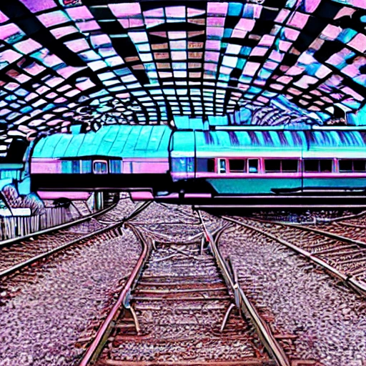 , Trippy estacion de subteraneo futurista con seres humanos y androides esperando el tren