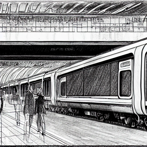 , Pencil Sketch estacion de tren futurista con seres humanos y androides esperando el tren