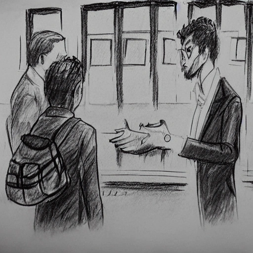 , Pencil Sketch 2 personas discutiendo en la estacion de tren 