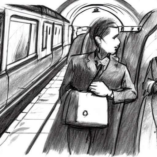 , Pencil Sketch 2 personas discutiendo en la estacion de tren desde lejos