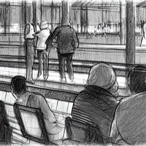 , Pencil Sketch 2 personas discutiendo en la estacion de tren camara panoramica