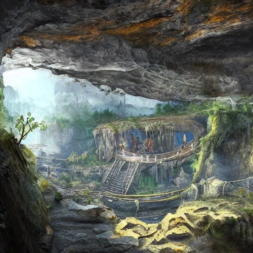 Interior Eye level view of a Neanderthal Cave Settlement with a Main Chamber, Side Rooms, Stalactites, and a Lookout Point, masterpiece, Ultra Detailed, Hyper-realistic, environment concept art by Unreal Engine style.