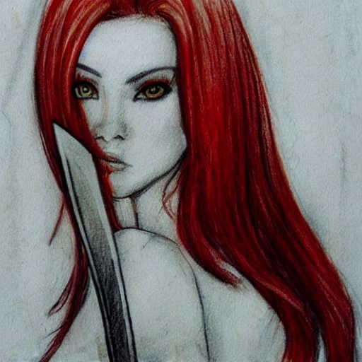 redhair beautifull women with a sword Cartoon, Pencil Sketch