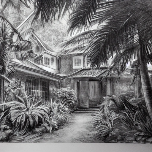 luxury country house surrounded by tropical garden with some exotic plants  and  small buterflies, low grass sunlight filtering through the canopy creating a dappled effect, proportional, detailed, trending on artstation, beautiful lighting,  intricate, award winning,, charcoal sketch,