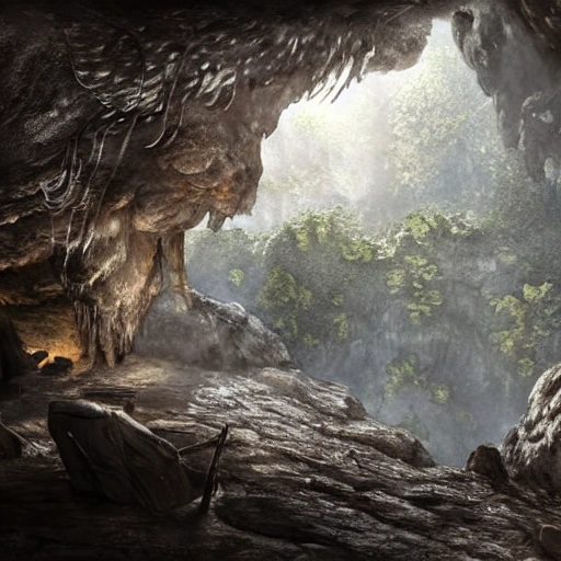 Eye level view of a Neanderthal Cave Settlement with a Main Chamber, Side Rooms, Stalactites, and a Lookout Point at night while overcast, masterpiece, Ultra Detailed, Hyper-realistic, environment concept art by Unreal Engine.