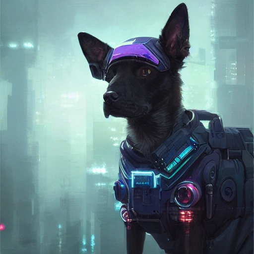 a beautiful portrait of a cute cyberpunk dog by greg rutkowski and wlop, purple blue color scheme, high key lighting, digital art, highly detailed, fine detail, intricate, ornate, complex 