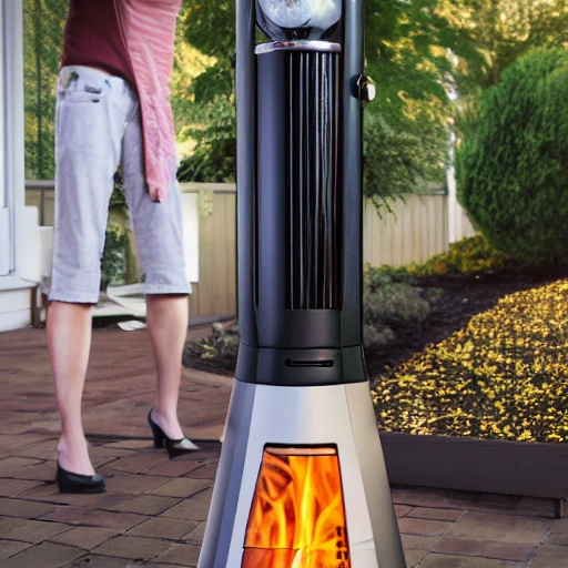 person turning on a propane patio heater, realistic style, type of photography