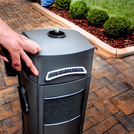 person turning on a propane patio heater, realistic style, type of photography