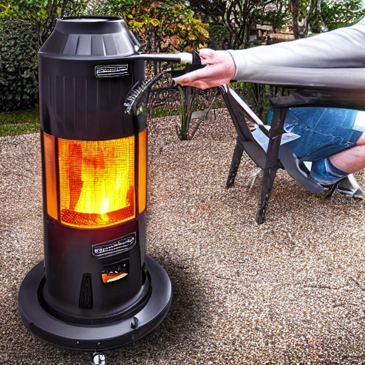 person turning on a propane patio heater, realistic style, type of photography