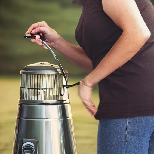 person turning on a propane patio heater, realistic style, type of photography, 800px wide by 600px high