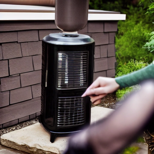 person turning on a propane patio heater, realistic style, type of photography, 600px wide by 800px high