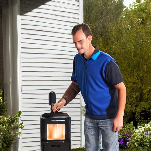 person turning on a propane patio heater, realistic style, type of photography, 600px wide by 800px high