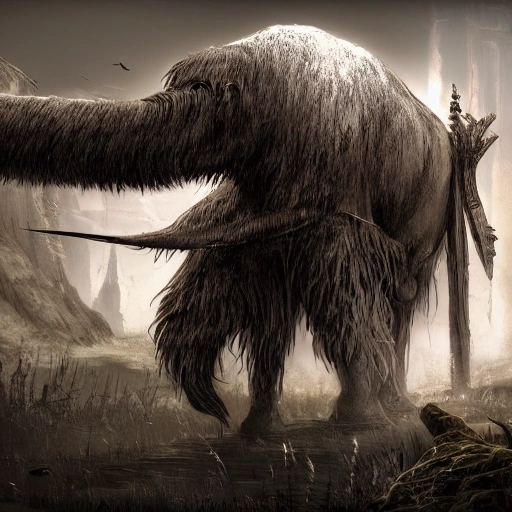 3D RPG Side view, Wide Angle Shot, full body image of a mammoth, masterpiece, Ultra Detailed, Hyper-realistic, white background, character concept art by Dark Souls.