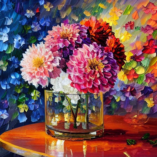 centered half, floral dahlias and Gypsophila crystal glass, in the table, palette knife oil painting, painting, highlight salmon, intricate detail, 8k resolution, afremov style, golden hour, ultra lots of high detail, octane render, 8k