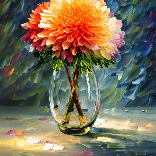 centered half, floral dahlias and Gypsophila crystal glass, in the table, palette knife oil painting, painting, highlight salmon, intricate detail, 8k resolution, afremov style, golden hour, ultra lots of high detail, octane render, 8k