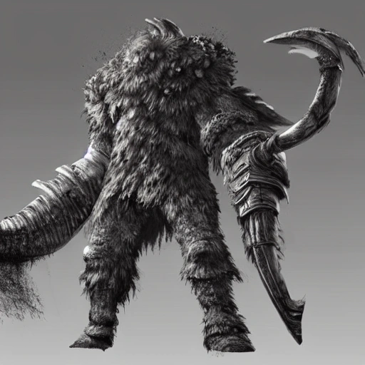 3D RPG Side view, Wide Angle Shot, full body image of a mammoth, masterpiece, Ultra Detailed, Hyper-realistic, white background, concept art by Dark Souls.