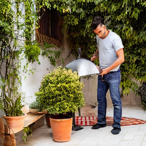 Persona armando un calentador de patio, estilo realista, tipo fotografía de alta calidad, medidas de 800 px por 600 px