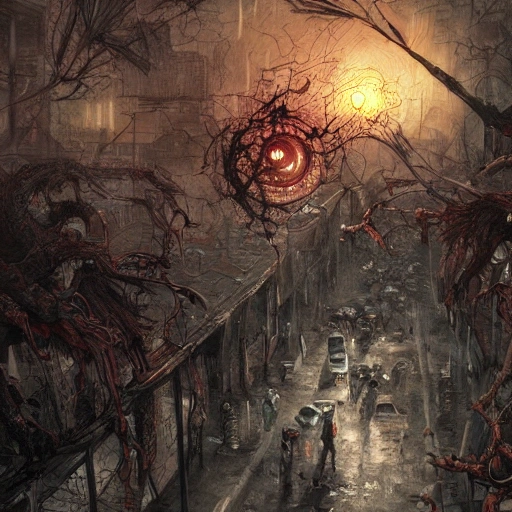 Award-winning, 4K digital painting in the style of Yoshitaka Amano. Detailed and intricate depiction of a zombie apocalypse, masterfully capturing the chaos and drama of the scene. Beautiful lighting and cinematic composition make this piece a true masterpiece, trending on artstation