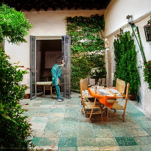 Persona armando un calentador de patio con herramientas, estilo realista, tipo fotografía de alta calidad, medidas de 800 px por 600 px