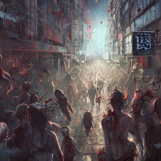 Award-winning, 4K digital painting in the style of Yoshitaka Amano. Detailed and intricate depiction of a zombie apocalypse, masterfully capturing the chaos and drama of the scene. Beautiful lighting and cinematic composition make this piece a true masterpiece, trending on artstation