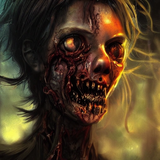 portrait a of zombie Award-winning, 4K digital painting in the style of Yoshitaka Amano. Detailed and intricate depiction of a zombie apocalypse, masterfully capturing the chaos and drama of the scene. Beautiful lighting and cinematic composition make this piece a true masterpiece, trending on artstation