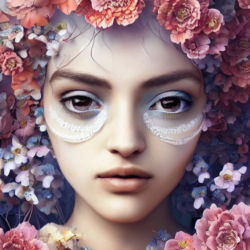 olpntng style, Abundance of big flowers Perfect face, delicate face, detailed face, bright clear eyes, perfect lips. Beautiful colors, beautiful patterns. 3D, 8k resolution, unreal engine. , sf, intricate artwork masterpiece, ominous, matte painting movie poster, golden ratio, trending on cgsociety, intricate, epic, trending on artstation , highly detailed, vibrant, production cinematic character render, ultra high quality dog, oil painting, heavy strokes, paint dripping