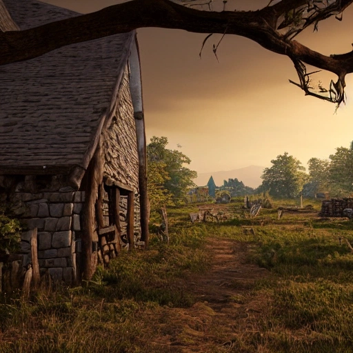 Eye level view of a Jacobite settlement at dusk while overcast, masterpiece, Ultra Detailed, Hyper-realistic, environment concept art by Unreal Engine.