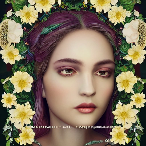 olpntng style, Abundance of big flowers Perfect face, delicate face, detailed face, bright clear eyes, perfect lips. Beautiful colors, beautiful patterns. 3D, 8k resolution, unreal engine. , sf, intricate artwork masterpiece, ominous, matte painting movie poster, golden ratio, trending on cgsociety, intricate, epic, trending on artstation , highly detailed, vibrant, production cinematic character render, ultra high quality dog, oil painting, heavy strokes, paint dripping