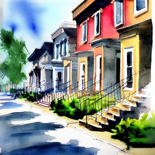 street lined with old residential houses summer watercolor by arti chauhan trending on artstation 