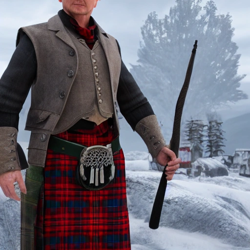 3D RPG Wide angle shot, full body image of a Jacobite farmer who looks like Liam Neeson, dressed in traditional tartan kilt, a masterpiece, Ultra Detailed, Hyper-realistic, white background, character concept art by Unreal Engine.