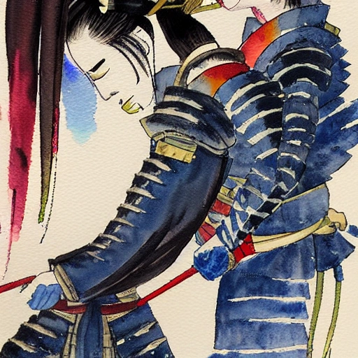 , Water Color, Water Color, samurai in hard armor kiss with geisha