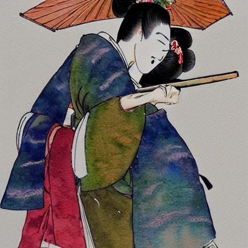 , Water Color, Water Color, samurai in hard armor kiss  geisha