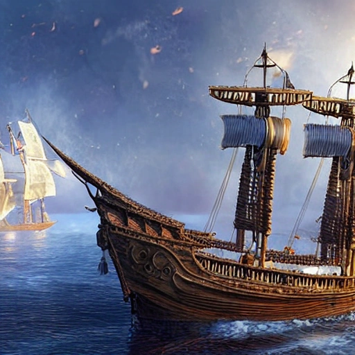 3D RPG Chinese Junk (ship), masterpiece, Ultra Detailed, Hyper-realistic, white background, concept art by Unreal Engine.