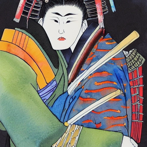 , Water Color, Water Color, samurai in hard armor hugging  geisha