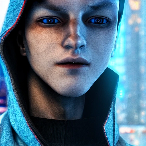 side close up portrait of 1 cyberpunk boy, darl blond short hair under black hoodie, blue eyes, detailed face, spotlight, cyberpunk city, wired, multicolored, vibrant high contrast, hyperrealistic, photografic, 8k, epic ambient light, octane render 3D