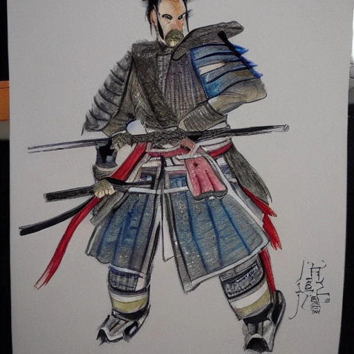 , Water Color, Water Color, samurai in hard armor danc on the floor, Pencil Sketch