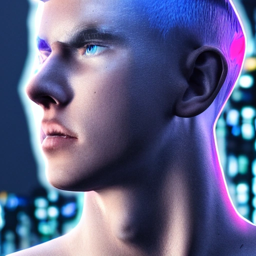 side close-up portrait of 1 cyberpunk boy, blonde short hair, blue eyes, close-up face, spotlight, cyberpunk city, wired, multicolor, vivid high contrast, hyperrealistic, photographic, 8k, epic ambient light, octane render