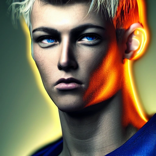 side close-up portrait of 1 cyberpunk boy, blonde short hair, blue eyes, close-up face, spotlight, cyberpunk city, wired, multicolor, vivid high contrast, hyperrealistic, photographic, 8k, epic ambient light, octane render